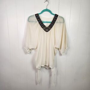 Rock 47 Wrangler White Sheer Beaded V Neck Blouse Top Shirt Western Boho Cowgirl